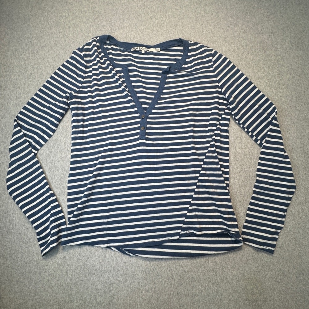 Pam & Gela Henley Long Sleeve Top Womens Navy White Striped Size Small
